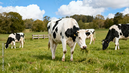 Dairy cows grazing peacefully in a lush green pasture under a bright blue sky.