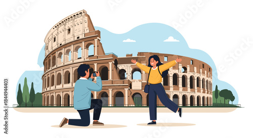 A male tourist taking a photograph of his happy female friend posing in front of the historic Colosseum in Rome, Italy.