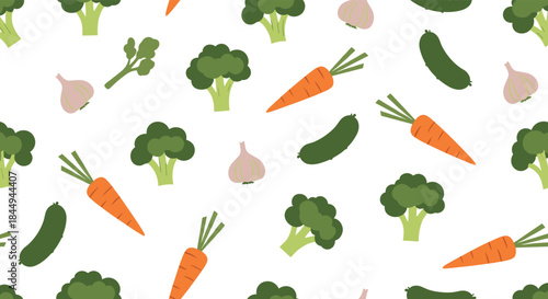 A simple seamless pattern of healthy green and orange vegetables, including broccoli, carrots, zucchini, and garlic on a white background.