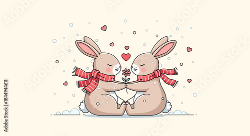 A cute cartoon of two romantic rabbits in winter scarves, sitting in the snow and sharing a flower under falling hearts.