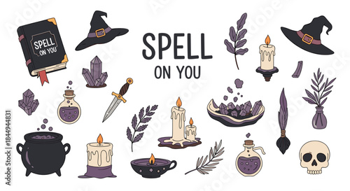 A mystical collection of witchy items and magical elements, including a spell book, cauldron, potions, and crystals for Halloween.