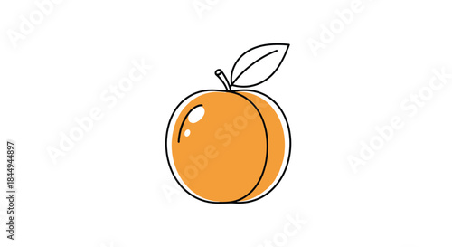 A simple icon of a peach or apricot with a leaf, drawn in a clean line art style with a splash of orange color.