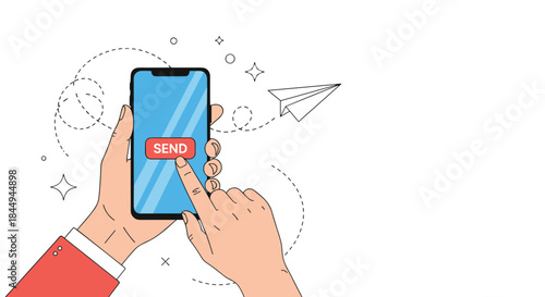 A hand holding a smartphone and pressing a red "send" button, with a paper airplane flying away to symbolize message delivery.