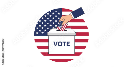 A patriotic icon for the US election, showing a hand placing a ballot into a vote box inside a circular American flag.
