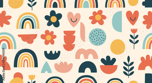 A playful seamless pattern with abstract shapes, rainbows, flowers, and hearts in a trendy, modern bohemian and Scandinavian style.