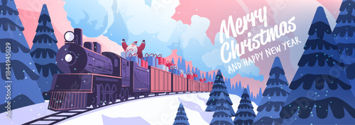 Santa Christmas train winter landscape festive gifts snowy pine trees sunset sky holiday celebration web banner