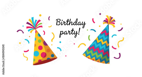 A cheerful birthday party invitation or banner design with two colorful party hats, confetti, and festive handwritten text.