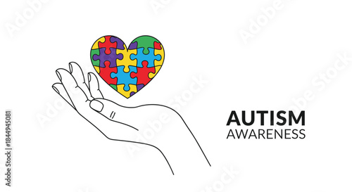 Minimalist line art promoting autism awareness, featuring a hand gently holding a colorful jigsaw puzzle heart symbolizing love and support.
