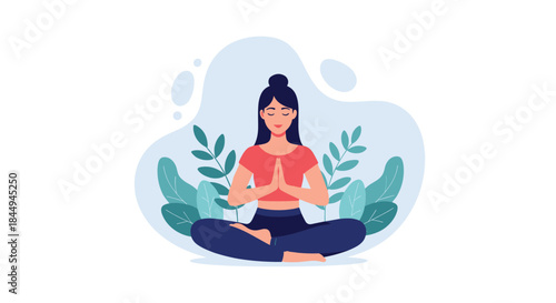 Calm woman meditating in the lotus yoga pose with eyes closed and hands in prayer, surrounded by leaves, promoting mindfulness and relaxation.