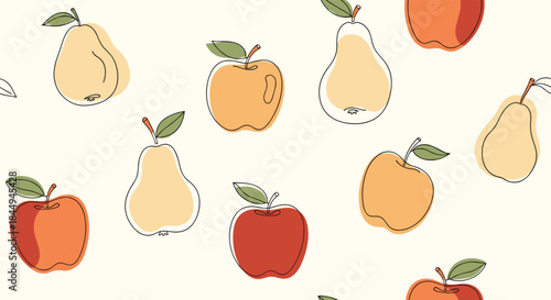 Seamless autumn fruit pattern featuring stylized apples and pears in warm fall colors with a simple stitched outline on a light background.