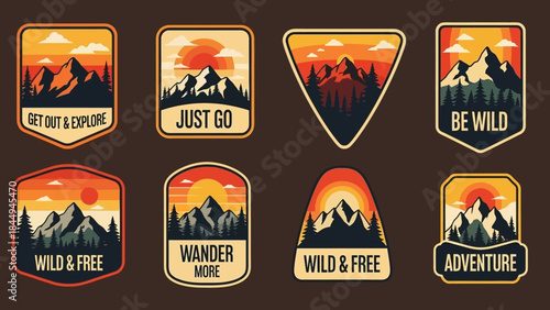 Outdoor Adventure Patch Set: Mountain Exploration and Sunset Landscape Badges.