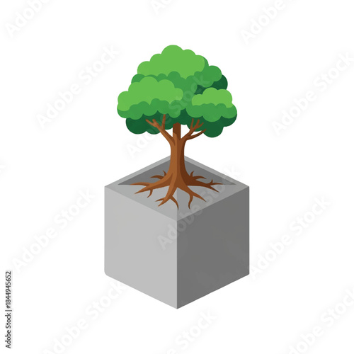 Tree with Green Leaves in Concrete Block.