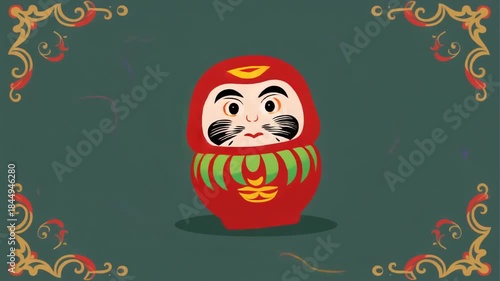 Illustration of a traditional Japanese Daruma doll celebrating New Year on a decorative green background with intricate gold and red designs.