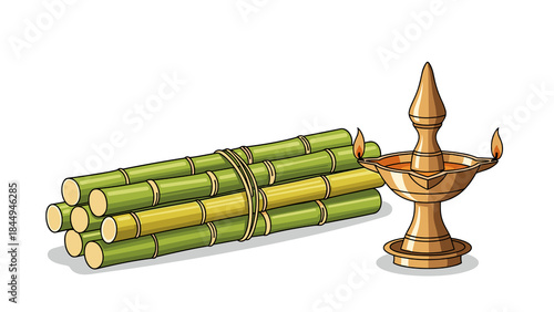 Sugarcane bundle beside traditional brass lamp vector illustration with clean outlines and rich colors, minimalistic festive composition, isolated on white with copy space