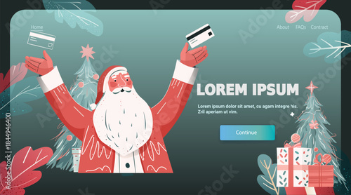 Santa Christmas online shopping celebration holding credit card festive gifts decorated tree winter leaves modern website landing page