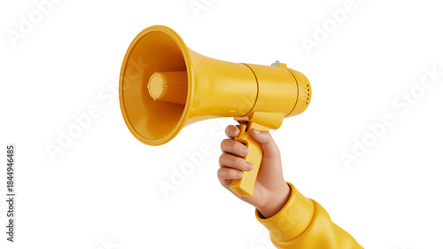 Yellow Hand Holding Megaphone on White Background
