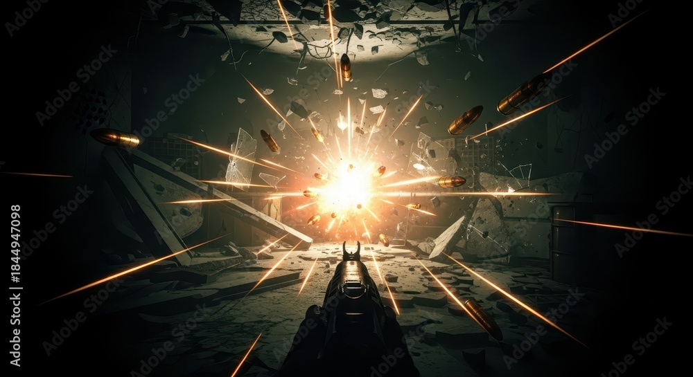 Naklejka premium Intense muzzle flash and flying projectiles illuminate a dark, ruined interior space