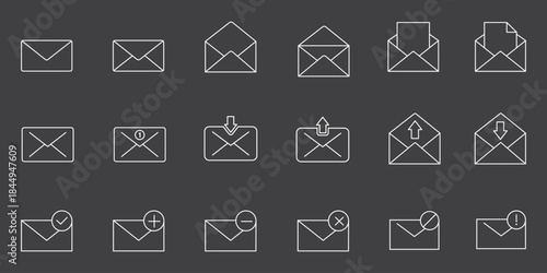 Envelope icon set, email symbols, open and closed envelopes, outline and solid style, communication graphic, message clipart, mail design. Best Design, EPS 10.