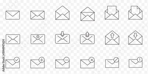 Set of mail envelope icon. Closed envelope, opened letter, with checkmark and email. E-mail icon, sign of an incoming unopened message. Folded and unfolded envelope mockup. Vector illustration. EPS 10