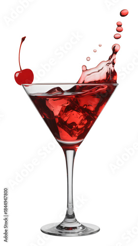 Red Cocktail Splashing in Martini Glass with Cherry