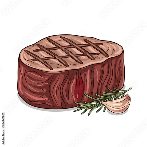Filet mignon vector illustration in elegant steakhouse style, refined gourmet food design, isolated on white with copy space
