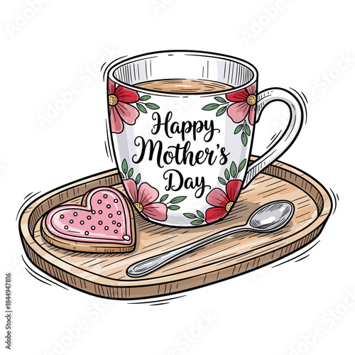 Mother’s Day mug on a tray with a heart-shaped cookie vector illustration with uneven sketch outlines and watercolor-textured fills, isolated on white with copy space