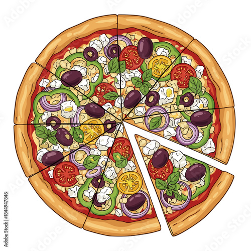 Greek pizza vector illustration in Mediterranean cuisine style, flavorful flatbread dish design, isolated on white with copy space