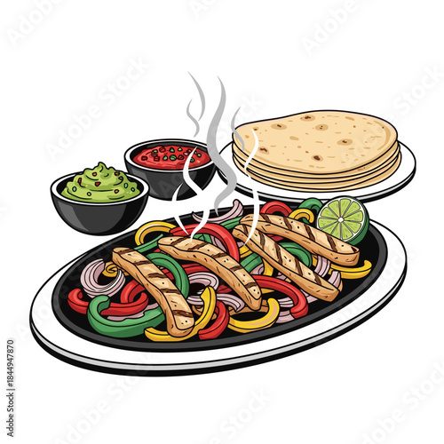 Chicken fajitas vector illustration in Tex-Mex food style, flavorful Mexican dish design, isolated on white with copy space