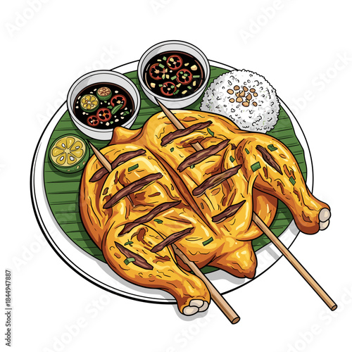 Chicken inasal vector illustration in Filipino cuisine style, flavorful grilled dish design, isolated on white with copy space