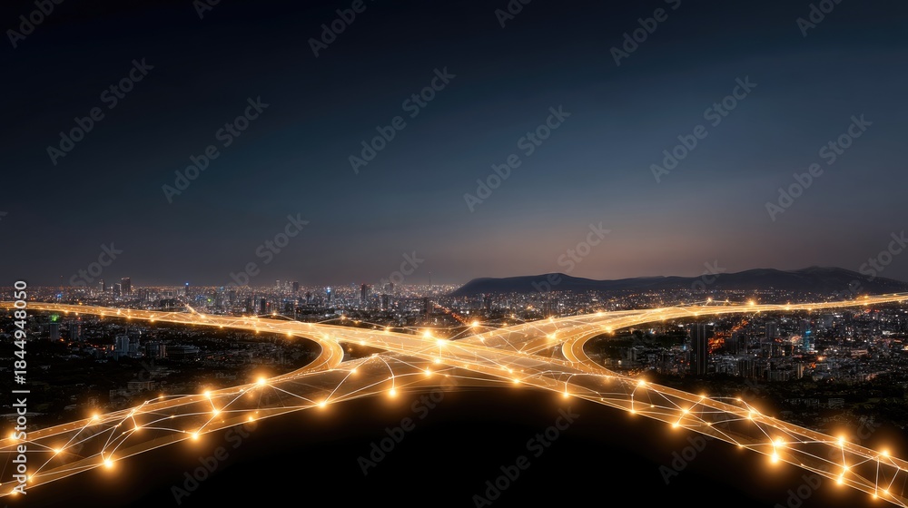 Fototapeta premium Aerial View of Urban Highway Intersection at Night with Illuminated Roads and City Lights in the Background, Depicting Modern Urban Infrastructure and Connectivity