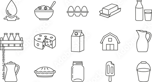 Dairy, food, line, icons, set, milk, cheese, butter, eggs, farm, kitchen, vector, outline, illustration, collection, minimal, organic, grocery, nutrition, design
