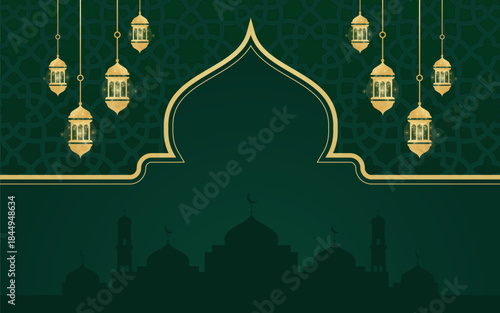 Elegant green islamic mosque traditional frame ornament with floral ornament seamless pattern banner design background