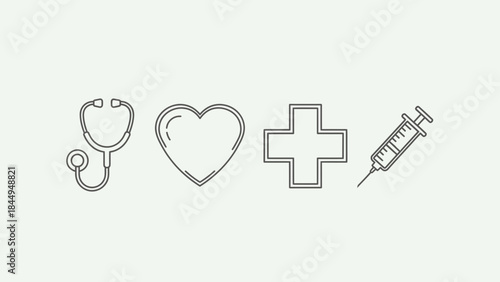 Stethoscope heart cross syringe medical health care icon set line art minimal design graphic