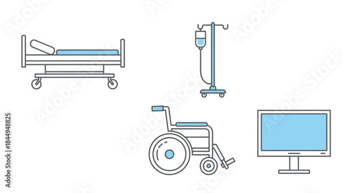 Hospital equipment icons medical bed iv stand wheelchair monitor healthcare clinic patient care supplies