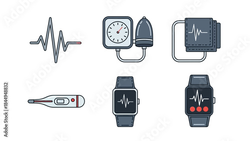 Medical monitoring icons heart rate thermometer blood pressure digital watch health check vital signs equipment