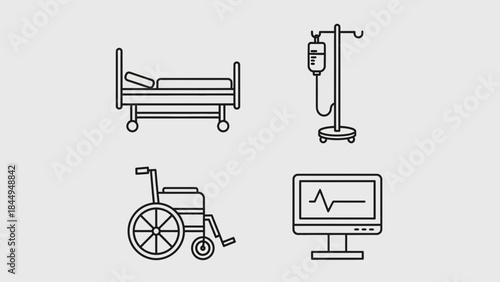 Hospital equipment icons bed iv stand wheelchair monitor medical care health treatment patient recovery clinic