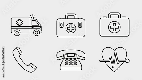 Ambulance first aid kit phone receiver telephone keypad heart monitor medical emergency response service icons