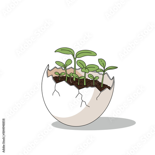 Eggshell planter eco gardening concept, modern vector art style, isolated on white with copy space