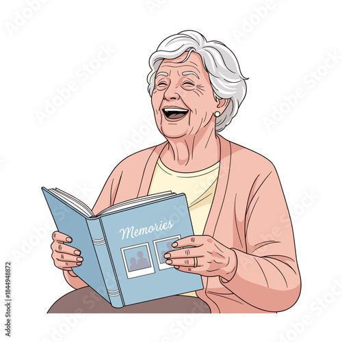 Elderly woman laughing while looking at photo album vector illustration, warm joyful emotion in soft pastel colors, isolated on white