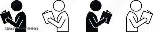 Reading, people, icon, set, book, education, learning, literacy, student, study, knowledge, vector, silhouette, outline, illustration, black, white, minimal, symbol, concept