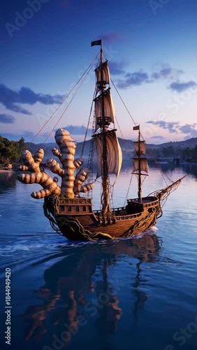 Wallpaper Mural A majestic pirate ship sails across calm waters at dusk, reflecting the vibrant sky. Torontodigital.ca