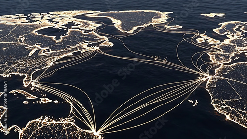 Global network connecting continents with glowing lines across the ocean, symbolizing international communication and connectivity in a modern world.