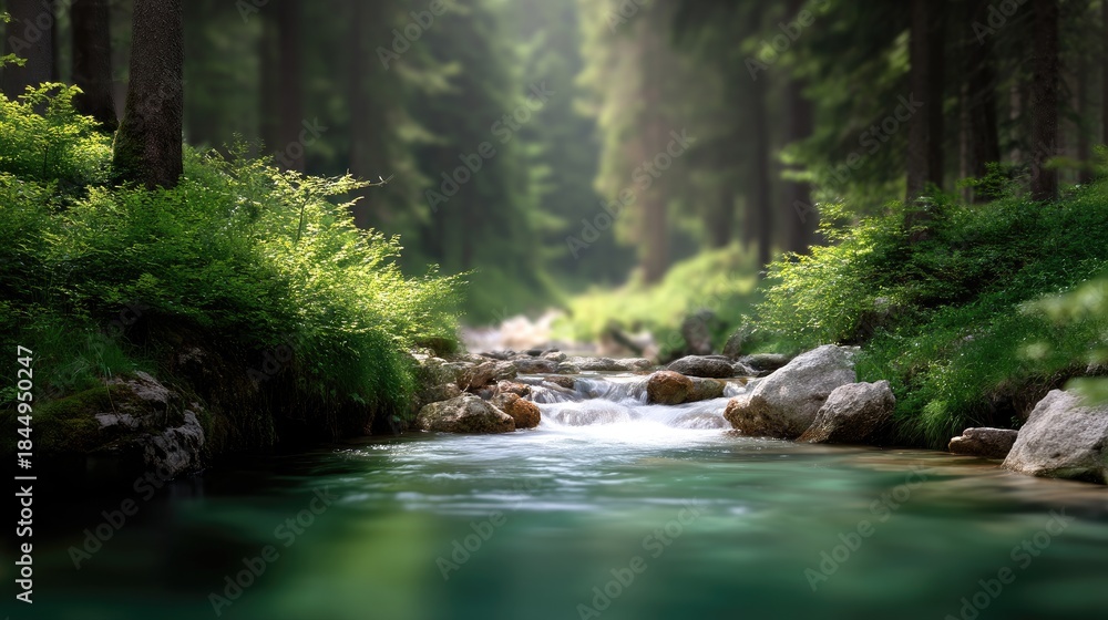 Fototapeta premium Serene Forest Stream Flowing Through Lush Greenery in a Sunlit Woodland Setting with Smooth Rocks and Crystal Clear Water