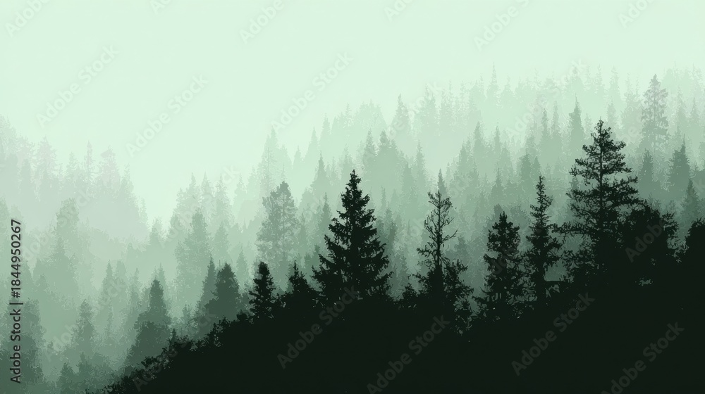 Obraz premium Fog Covers a Forest Silhouette With Pastel Green Tones Creating a Spacious Layout in Early Morning Light