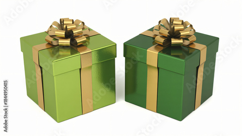 Green Gift Boxes with Gold Bows on White Background