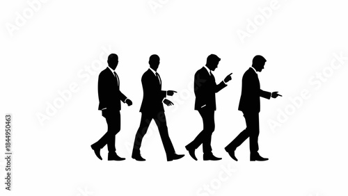 Four businessmen walking in a line on a white background.