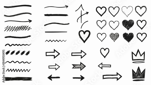 Collection of Hand Drawn Arrows Hearts and Crowns Simple Doodle Elements.