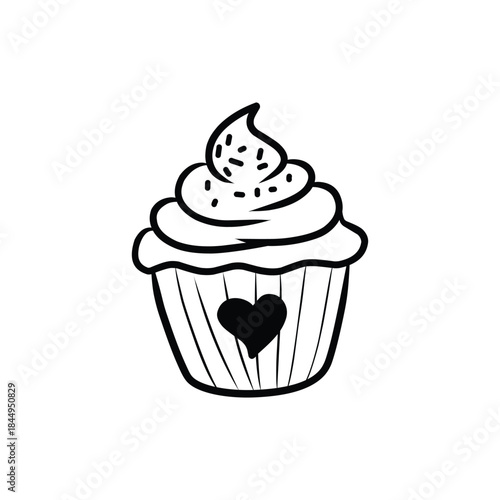 Hand Drawn Heart Cupcake with Frosting Doodle