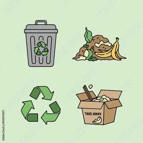 Eco Friendly Waste Icons Line style icons of food waste and recycling leftover box food.