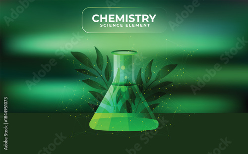 Clear glass flask for chemistry, filled with a vibrant fluorescent green liquid, advanced biotechnological innovation. A brilliant emerald with subtle bioluminescence. Experiments, chemistry